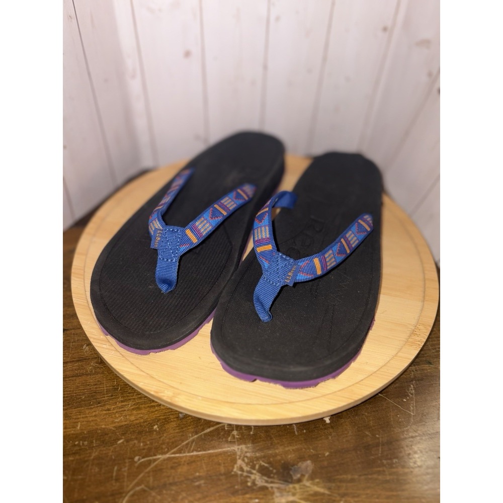 LL Bean Katahdin Flip Flops Women's Sz 8 M Sandals Blue Aztec Pattern Beach